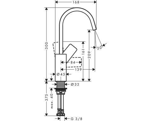 Schéma technique d''un robinet avec dimensions.