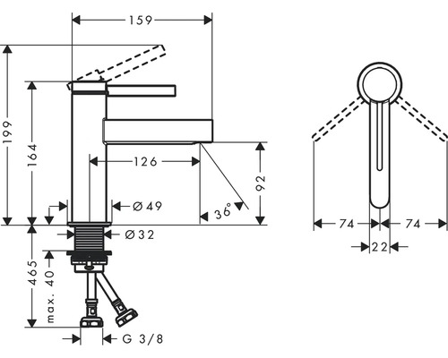 Technische Zeichnung einer Armatur mit Maßangaben