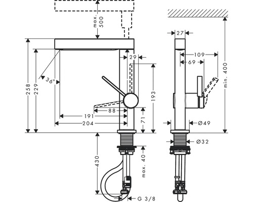 Schéma technique d''un robinet avec indications de mesure