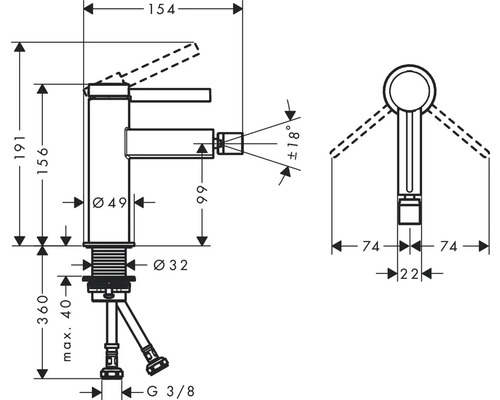 Technische Zeichnung einer Armatur mit Maßangaben.