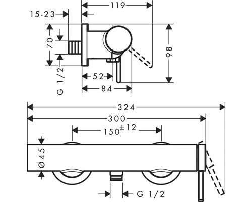 Maßzeichnung für ein Badezimmerprodukt mit Maßangaben