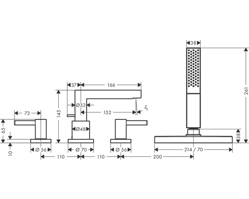 Technische Zeichnung einer Armatur mit Handbrause und Maßangaben