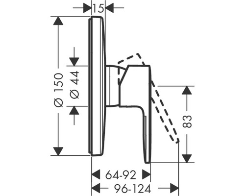 Technische Zeichnung einer Armatur mit Maßangaben