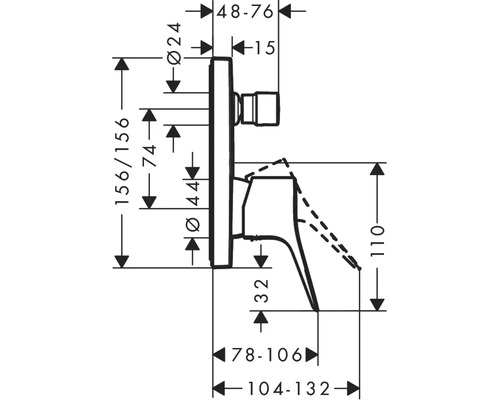 Technische Zeichnung einer Unterputz Armatur mit Maßangaben
