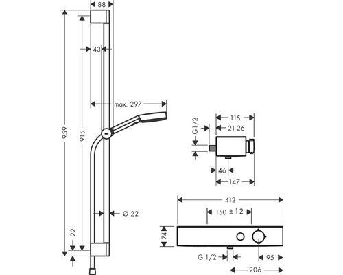 Dessin technique d''une barre de douche avec dimensions