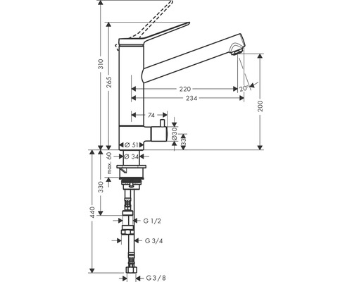 Schéma technique d''un robinet avec dimensions