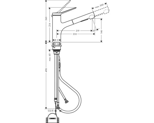 Schéma technique d''un robinet de cuisine avec dimensions
