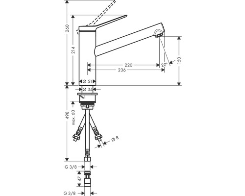 Technische Zeichnung einer Armatur mit Maßangaben