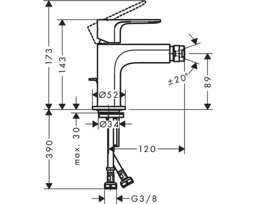 Technische Zeichnung einer Waschtischarmatur mit Maßangaben