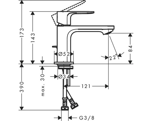 Technische Zeichnung eines Wasserhahns mit Maßangaben