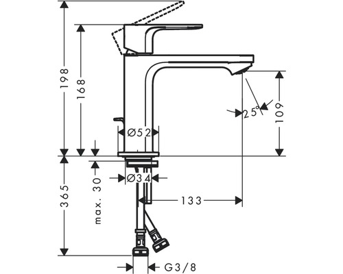 Technische Zeichnung eines Wasserhahns mit Maßangaben