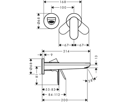 Technische Zeichnung eines Badezimmeraccessoires mit Bemaßung.