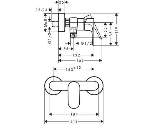 Technische Zeichnung einer Armatur mit Maßangaben