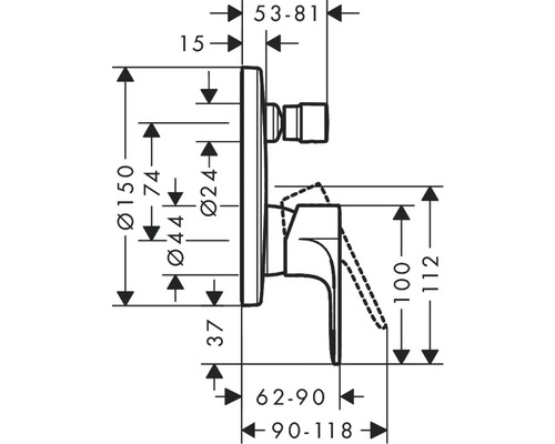 Dessin coté d''un robinet avec différentes indications de longueur