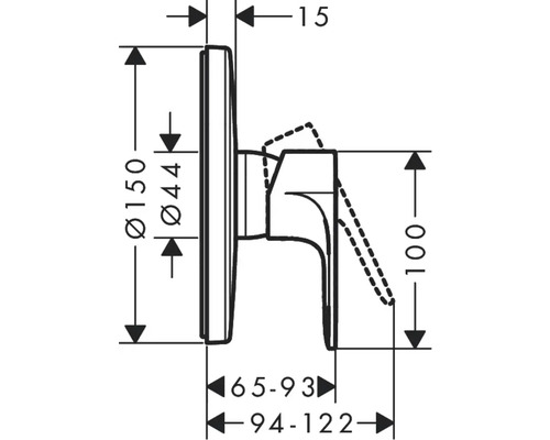 Technische Zeichnung eines Wasserhahns mit Maßangaben