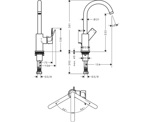 Schéma d''un robinet avec indication des dimensions