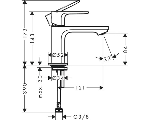 Schéma coté d''un robinet avec indications de hauteur, de diamètre et d''angle.