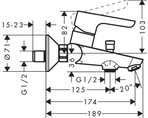 Dessin technique d''un robinet avec indications de dimensions.
