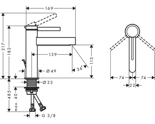 Technische Zeichnung einer Waschtischarmatur mit Maßen