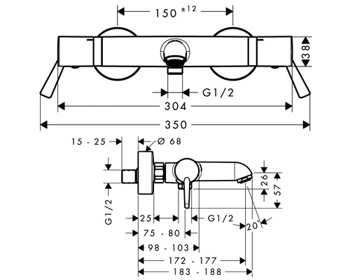 Technische Zeichnung einer Armatur mit Maßangaben