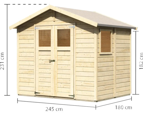 Gartenhaus aus Holz mit Doppeltür und Fenster, Maße 245 x 180 x 231 cm