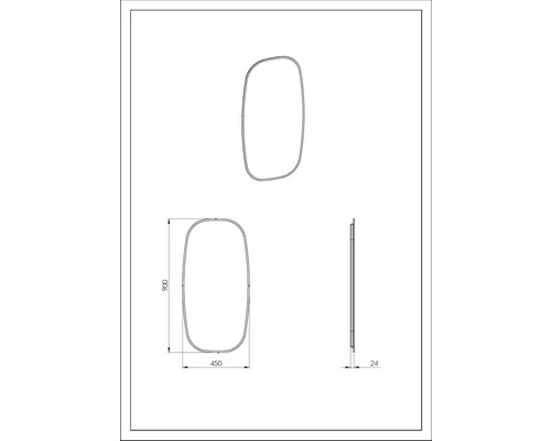 Dessin technique d''un miroir avec des dimensions de 900 x 450 x 24 millimètres