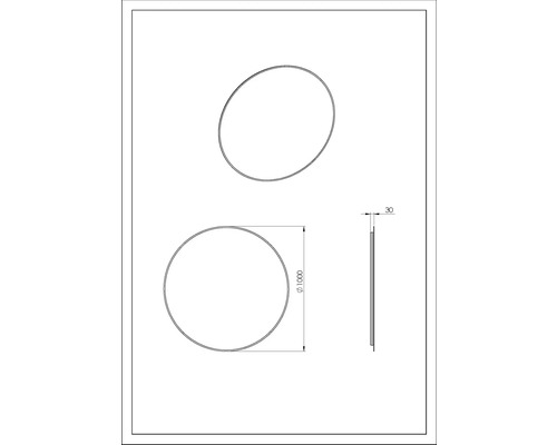 Dessin technique d''un miroir rond d''un diamètre de 1000 millimètres et d''une profondeur de 30 millimètres.