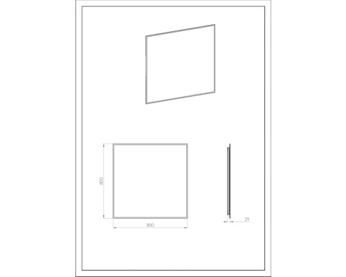 Schéma technique d''un miroir, carré, 800 x 800 mm