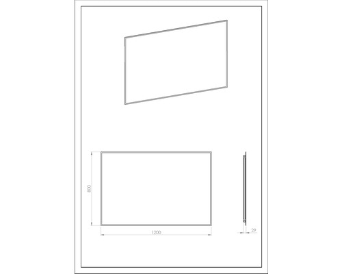 Technische Zeichnung eines Badespiegels mit den Maßen 1200 x 800 x 29 mm
