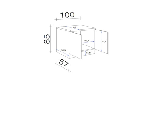 Dessin technique d''un meuble bas de salle de bains avec indications de dimensions.