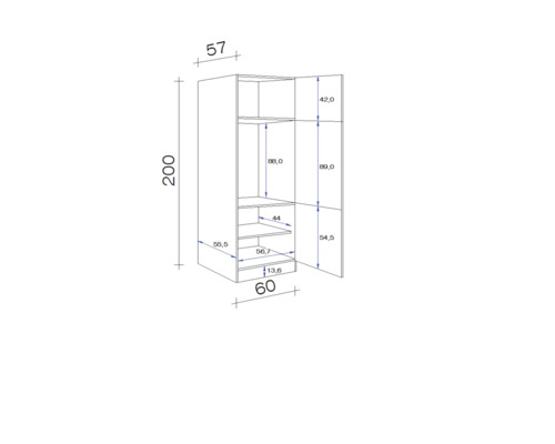 Dessin technique d''une armoire haute ouverte avec dimensions.