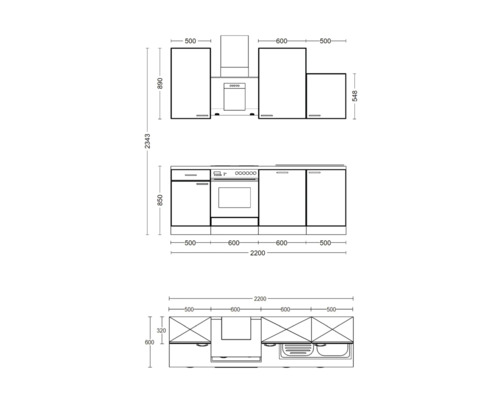 Küchenmaßzeichnung mit Maßen.
