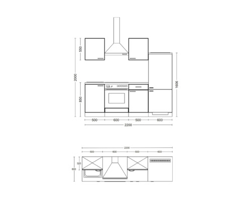 Skizze einer Küchenzeile mit Maßen.
