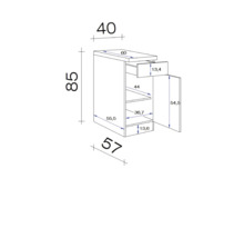 Schéma coté d''un meuble bas avec tiroir et porte avec dimensions