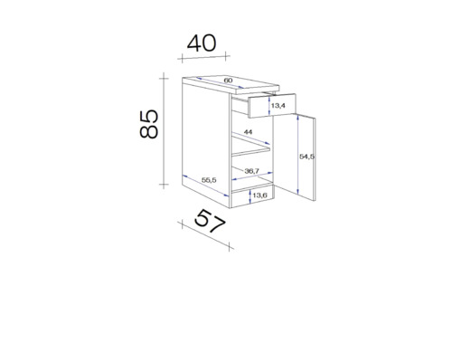Schéma coté d''un meuble bas avec tiroir et porte avec dimensions