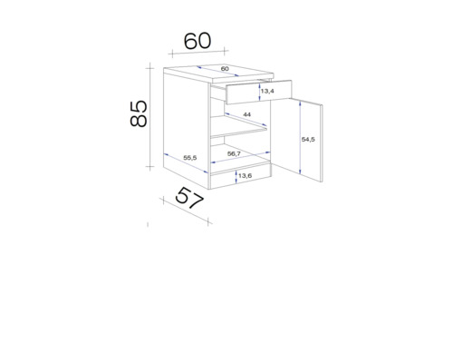 Dessin d''une armoire avec tiroir et porte et indications de dimensions en centimètres