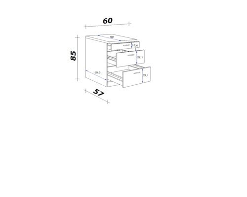 Dessin technique d''un meuble bas avec trois tiroirs et indications de dimensions.