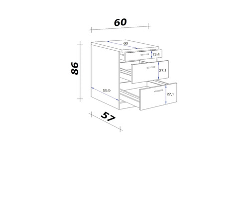Dessin technique d''une armoire avec tiroirs et indications de dimensions.
