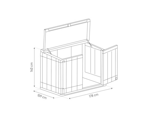 Illustration einer Gartenbox mit den Maßen 140 cm Höhe, 109 cm Tiefe und 178 cm Breite