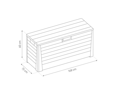 Zeichnung einer Gartenbox mit den Maßen 148 cm Länge, 72 cm Breite und 60 cm Höhe