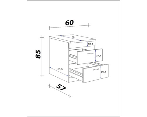 Dessin technique d''un meuble bas de salle de bain avec tiroirs et dimensions