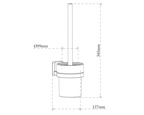 Technische Zeichnung einer Wand-Toilettenbürstengarnitur mit den Maßangaben: Durchmesser 99 Millimeter, Höhe 345 Millimeter, Tiefe 127 Millimeter