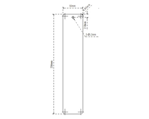 Technische Zeichnung mit Maßangaben für ein Produkt: 250 mm Länge, 50 mm Breite, Bohrungen mit 5,3 mm Durchmesser.