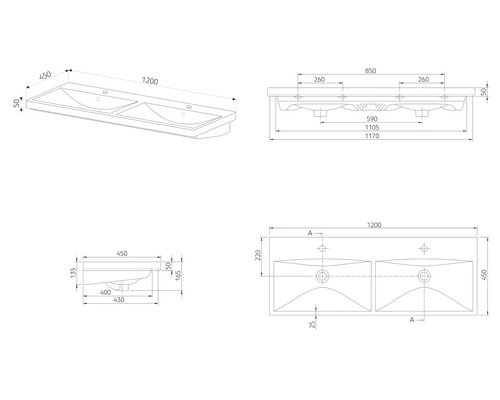 Technische Zeichnung eines Doppelwaschtisches mit Maßangaben