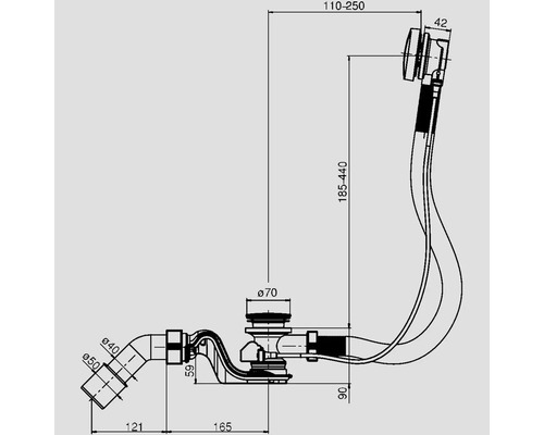 Dessin technique d''une soupape de vidange avec garniture de trop-plein et indications de dimension