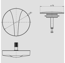 Schéma technique d''une vanne de vidange avec des dimensions de 70 millimètres et 84 millimètres de diamètre.