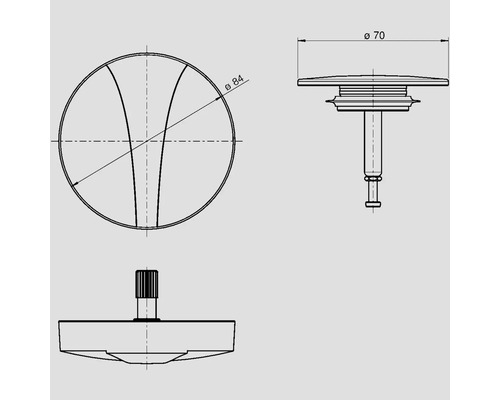 Schéma technique d''une vanne de vidange avec des dimensions de 70 millimètres et 84 millimètres de diamètre.