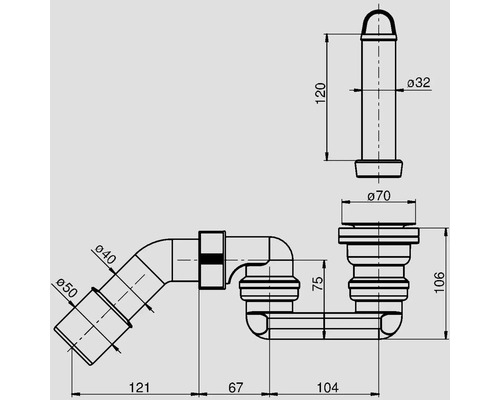 Technische Zeichnung eines Siphons mit Maßangaben