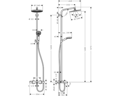 Technische Zeichnung einer Duscharmatur mit Maßen
