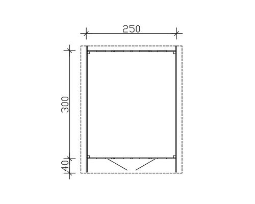 Schéma technique d''un coffre de jardin avec des dimensions de 250 x 300 x 40 centimètres.
